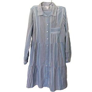 Women's Mini Shirt Ruffle Dress Striped Cotton Blue White Pocket Bohemian Size S